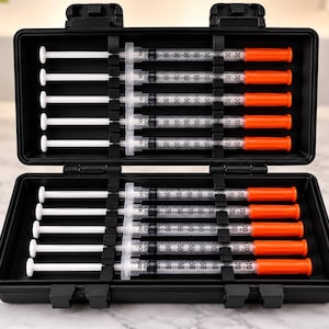 May include: A black rectangular plastic storage case containing ten clear plastic syringes with white plungers and bright orange caps. Each syringe is marked with black measurement graduations and is held securely in place by molded slots.