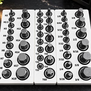 May include: A set of metal hex, Torx, and fractional socket bits organized in three white trays. The bits are labeled with sizes including H2 through H19, T6 through T60, and 1/8 through 3/4 inches. Each bit is securely held in a circular slot.