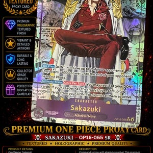 May include: A holographic One Piece trading card featuring the character Sakazuki sitting on a gold chair. The card displays the text Sakazuki, Admiral/Navy, and game mechanics including On Play DON!! -1 and Activate:Main. The card has a textured finish.