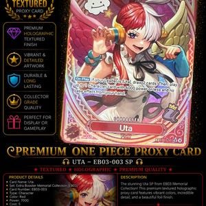 May include: A premium One Piece proxy trading card featuring the character Uta with red and white hair, wearing headphones. The card displays a holographic textured finish, a power level of 7000, and text detailing gameplay abilities.
