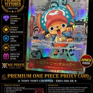 May include: A holographic One Piece trading card featuring Tony Tony Chopper with a textured finish. The card displays Japanese manga panels in the background, a power level of 4000, and the character name Tony Tony Chopper written in Japanese text.