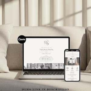 May include: A laptop and smartphone displaying a wedding invitation design. The laptop screen shows the text "TAYLOR & SIMON" and event details. The smartphone mirrors the design. The Canva logo is visible.