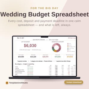 Könnte beinhalten: Eine digitale Hochzeitsbudget-Tabelle auf einem Laptop-Bildschirm. Die Benutzeroberfläche zeigt Finanzdaten, darunter ein Gesamtbudget von 35.000 $, 28.970 $ Ausgaben und 6.030 $ Restbetrag, sowie ein Ringdiagramm und verschiedene Kategorien.