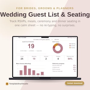 Peut inclure: Un écran d'ordinateur affichant un outil numérique de suivi des invités et du plan de table de mariage. L'interface présente des données pour 25 invités, le statut des RSVP, les choix de repas et la progression de la papeterie. Texte : FOR BRIDES, GROOMS & PLANNERS, Wedding Guest List & Seating, TemplateAnvilStudio.