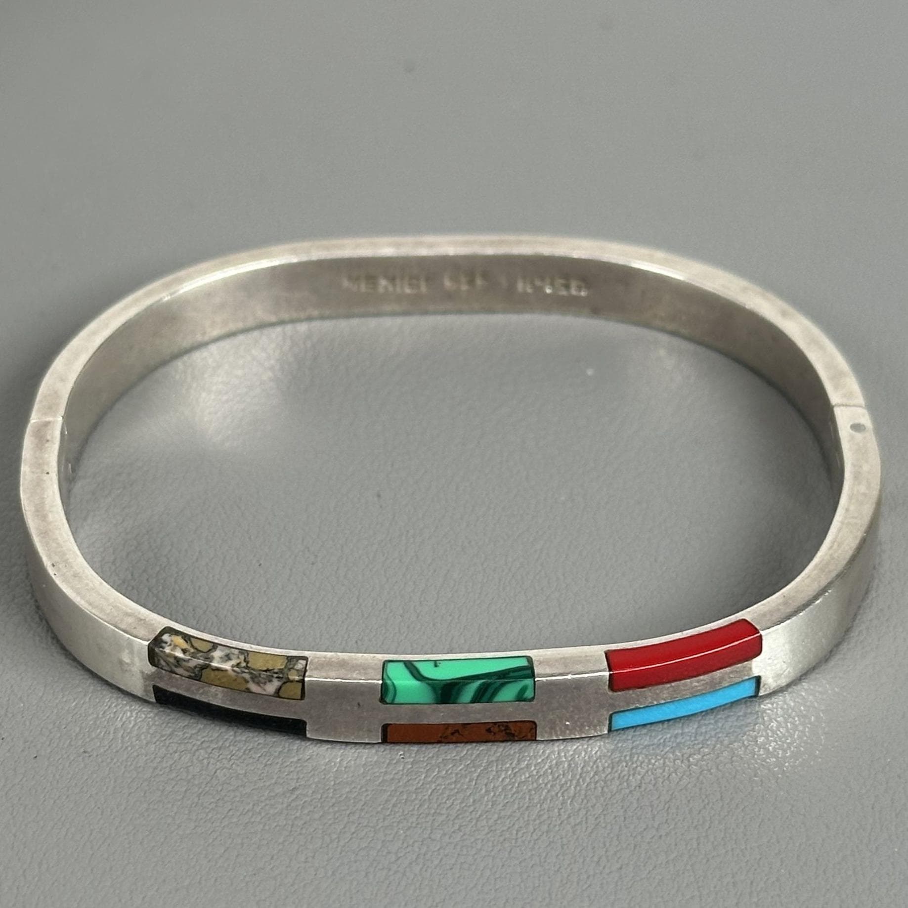 Taxco Mexico Sterling Silver Turquoise Malachite Coral Black Onyx Inlay Bracelet