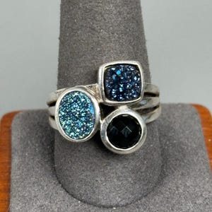 Sterling Silver Multi Stone Druzy Quartz Onyx Cluster Designer Ring Size 11