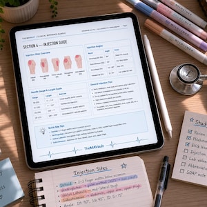 May include: A medical study setup with a tablet displaying an injection guide, a stethoscope, and a notebook with study notes. A candle, water bottle, and pens are also present. The text on the tablet reads "Injection Guide".