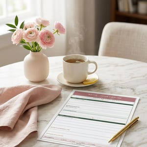 Puede incluir: Una escena serena con una taza de té blanca, un jarrón con flores rosas, una servilleta de lino rosa y un diario con el texto "KOOTER - Gratitude & Reflection". Un bolígrafo dorado descansa sobre el diario.