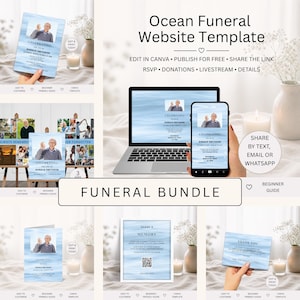 Ocean Funeral Template Bundle, Blue Canva Memorial Website, Male Celebration of Life Stationery Set OM12