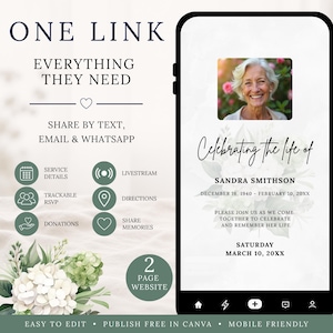Floral Memorial Website Template with RSVP, Editable White Hydrangea Canva Funeral Invitation Site.