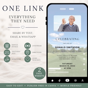 Golf Funeral Website Template with RSVP, Men's Editable Canva Celebration of Life Invitation Site.