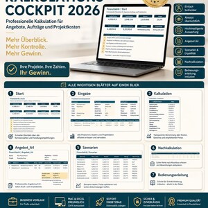 Pode incluir: Imagem promocional do software Kalkulations-Cockpit 2026 da Finanzfabrik. A imagem apresenta um laptop exibindo dados financeiros, com informações e ícones de suporte. O texto inclui "Cálculo profissional para ofertas, pedidos e custos de projeto."
