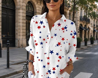 USA Flag Women's Button Up Shirt, Patriotic 4th of July Blouse, Red White Blue Star Print Top, Independence Day Shirt, Casual Summer Outfit