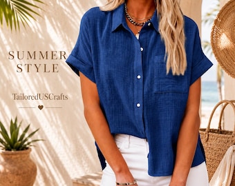 Camicetta da donna effetto lino, camicia casual a maniche corte, top estivo dalla vestibilità ampia, tunica a tinta unita, abbigliamento femminile leggero per tutti i giorni.