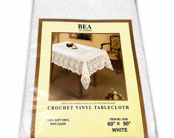 BEA At Home Tablecloth Crochet Lace Soft Vinyl 60"x90" White Wipe Clean NOS Vtg
