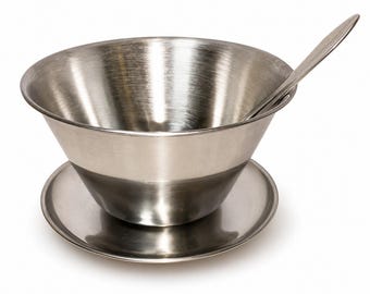 Vintage Stainless Steel Gravy Bowl Set Serving Bowl w/ Spoon & Underplate