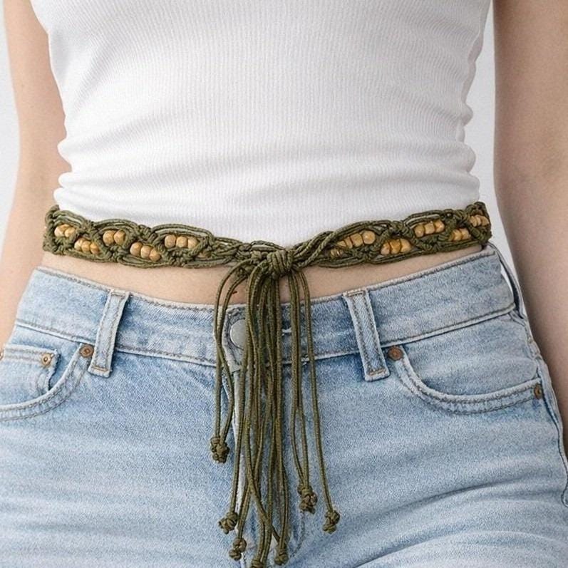 Boho Wooden Interlocking Buckle White Beaded Stretch Retro Waist Belt Medium Beaded stretch belt wooden - Gem main image 2