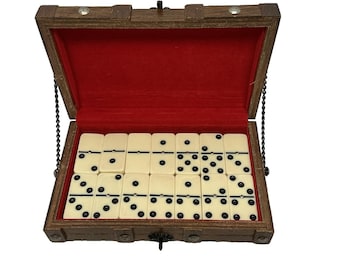 Vintage Domino Set in Wooden Chest Case Red Lined Double 6 Style Complete Set