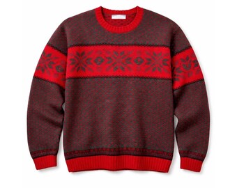 Vintage Old Navy Mens Large Red Grey Fair Isle Nordic Snowflake Knit Sweater