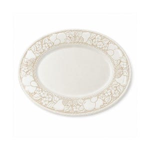 May include: An oval-shaped cream-colored ceramic platter featuring a raised relief border. The decorative rim displays a repeating pattern of embossed fruits, berries, and leaves, finished with a subtle beaded edge detail around the outer perimeter.