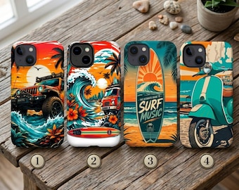 Retro Beach Phone Case, Surf Music Aesthetic iPhone Cover, Tropical Wave Sunset Design, Summer Vacation Phone Case
