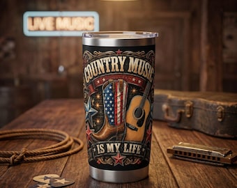 Country Music Tumbler Wrap Design, Western Cowboy Drinkware, Country Music Is My Life Tumbler, Rustic Nashville Style Cup Design