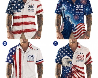 America 250th Anniversary Hawaiian Shirt, USA 1776-2026 Patriotic Aloha Shirt, Fourth of July Button Up, 250 Years of Freedom