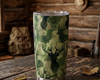 Deer Hunting Camo Tumbler 20oz, Camouflage Stainless Steel Cup, Buck Hunter Travel Mug, Outdoor Gift for Him
