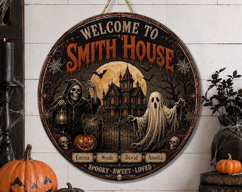 Personalized Halloween Door Hanger, Custom Family Name Haunted House Sign, Spooky Welcome Door Sign, Ghost Skull Halloween Porch Decor