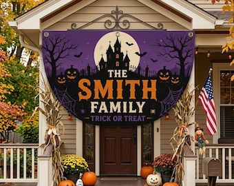 Personalized Halloween Bunting Flag, Custom Family Name Yard Flag, Haunted House Pumpkin Decor, Trick or Treat Outdoor Flag