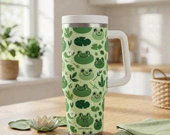 Cute Frog Tumbler 40oz, Frog Pattern Travel Mug with Handle, Kawaii Frog Cup, Stainless Steel Insulated Tumbler, Frog Lover Gift