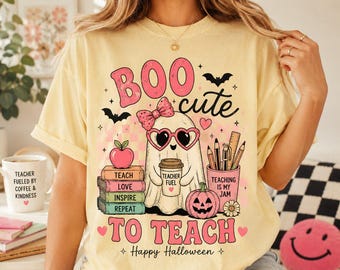 Koszulka „Boo Cute to Teach”, koszulka dla nauczyciela na Halloween, koszulka dla nauczyciela z uroczym duchem, koszulka dla nauczyciela z grafiką dyni, koszulka w kolorach Butter Comfort
