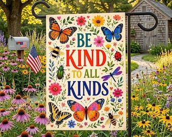Butterfly Garden Flag, Be Kind To All Kinds Decor, Bee Ladybug Wildflower Yard Banner, Colorful Spring Summer Outdoor Flag