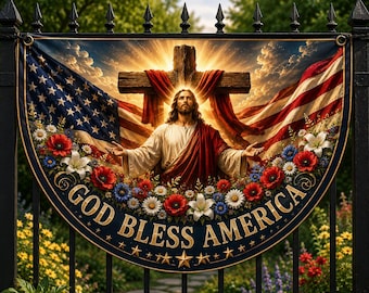 God Bless America Christian Patriotic Half Moon Garden Flag, Jesus Cross American Flag Decor, Faith Based Fourth of July Outdoor Decoration