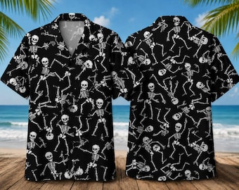 Camisa hawaiana con esqueleto, camisa Aloha de Halloween, camisa divertida con botones y calavera, camisa gótica de playa, regalo de vacaciones espeluznante para hombres y mujeres.