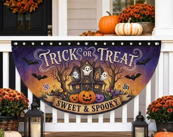 Halloween Porch Banner, Tricks or Treat Sweet & Spooky Sign, Pumpkin Ghost House Decor, Halloween Porch Decoration, Outdoor Fall Banner
