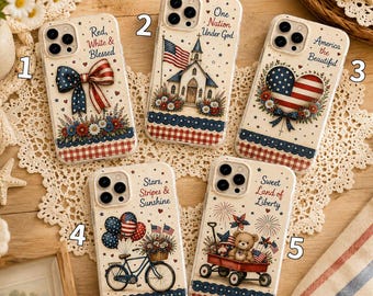 Patriotic iPhone Case Collection, Americana Floral Phone Cover, USA Flag Bow Church Heart Bicycle Teddy Bear Design, Red White Blue Gift