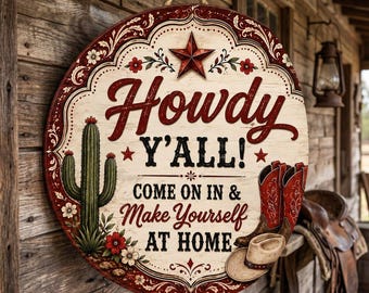 Howdy Y'all Welcome Sign, Western Door Hanger, Rustic Farmhouse Porch Decor, Cowboy Boots Cactus Wall Sign, Country Home Decor