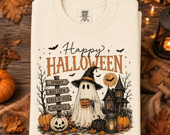 Happy Halloween Ghost Comfort Colors Shirt, Cute Spooky Season Tee, Vintage Pumpkin Witch Graphic T-Shirt, Cozy Fall Halloween Shirt