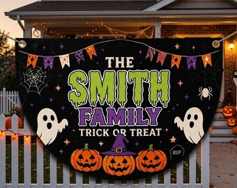 Custom Family Halloween Flag, Personalized Pumpkin Garden Flag, Haunted Mansion Yard Decor, Trick or Treat Porch Banner