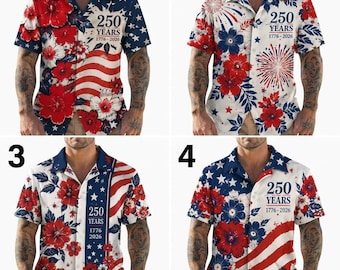 USA 250 Years of Freedom Hawaiian Shirt, America 1776-2026 Patriotic Shirt, Independence Day Aloha Button Down