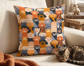Cute Cat Paw Print Throw Pillow, Colorful Cat Lover Cushion Cover, Kawaii Kitty Paw Pillow, Modern Pet Home Decor, Gift for Cat Mom