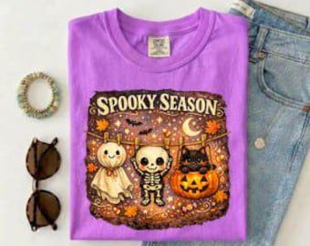 Spooky Season Halloween Shirt, Cute Ghost Skeleton Pumpkin Graphic Tee, Fall Halloween Shirt for Women, Cute Autumn Pumpkin Shirt