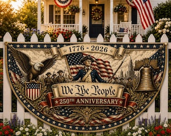 250th Anniversary We The People Semi-Circular Banner, Patriotic 1776–2026 Eagle & Founding Fathers Flag, Vintage American Revolution Yard