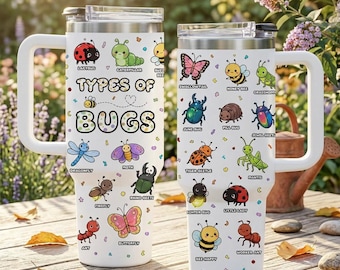 Types of Bugs Tumbler With Handle, Cute Insect Cup, Bug Lover Gift, Science Teacher Tumbler, Kids Learning Travel Mug