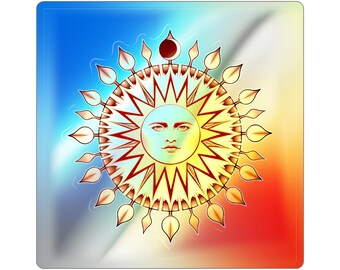 Adesivo holográfico Boho com fases da lua e do sol | Decalque recortado com geometria sagrada celestial | Vinil hippie místico