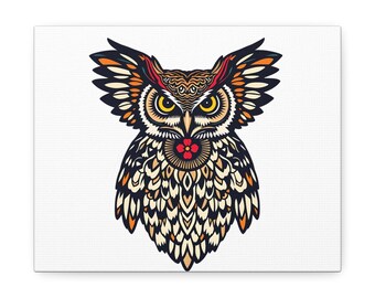 Toile imprimée style hibou cosmique rétro années 70 | Décoration murale psychédélique et branchée | Oiseau vintage bohème au coucher du soleil