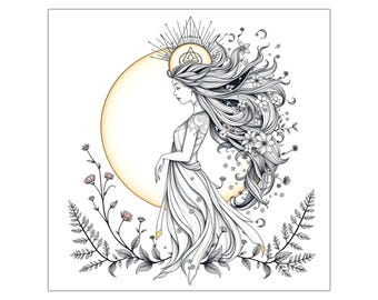 Affiche artistique Déesse Lune Bohème | Décoration murale céleste sacrée et féminine | Affiche rituel solaire hippie