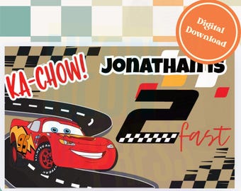 Plantilla de pancarta de cumpleaños de Rayo McQueen / "2 Fast" / Decoración para fiestas de coches (descarga digital) /