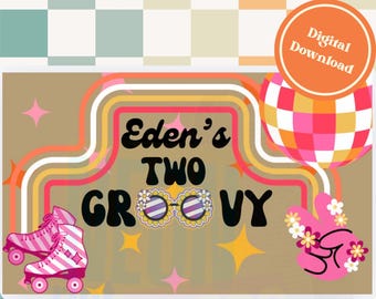 Plantilla de pancarta de cumpleaños con estilo "Two Groovy" / Decoración para fiestas hippies de los años 70 (Descarga digital) /
